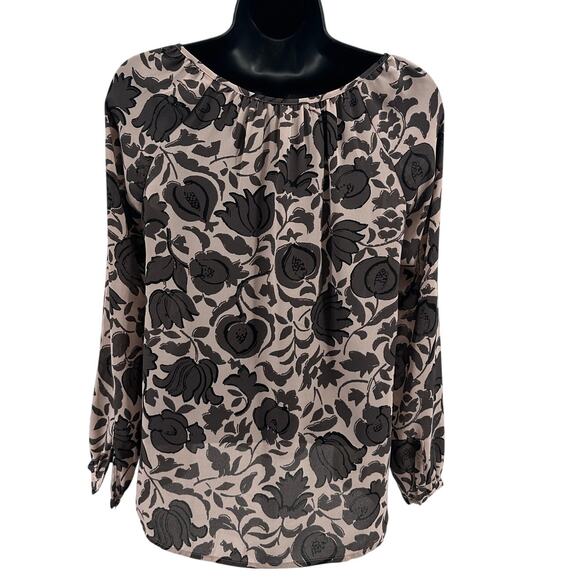 Loft Blouse WMNS XSP Floral Blush Pink Brown Long Sleeve Lightweight Round Neck - Picture 4 of 7